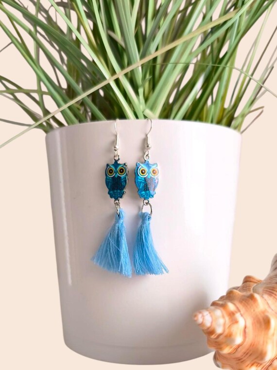 Boho earrings with owl and starfish in blue, handmade, new
