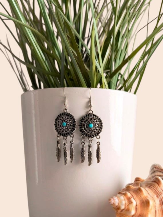 Boho earrings with dreamcatcher, silver and turquoise, handmade, new