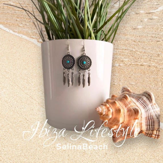 Boho earrings with dreamcatcher, silver and turquoise, handmade, new