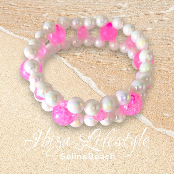 Boho Beaded Bracelet Wide White/Pink Handmade