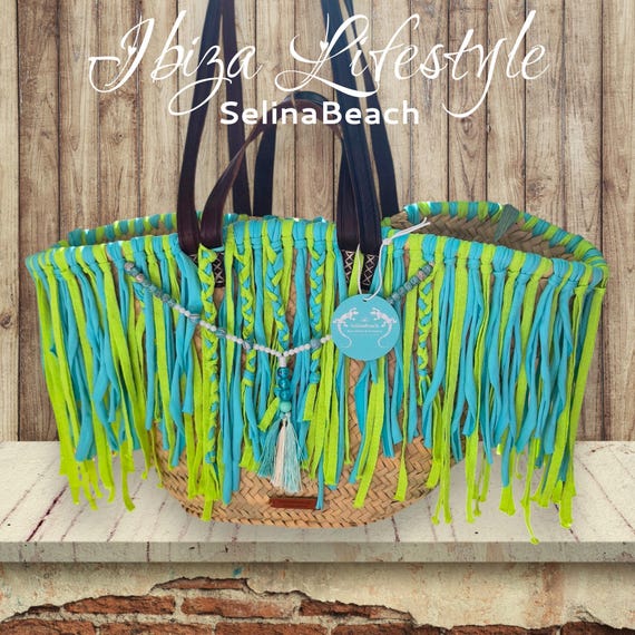 Ibiza basket beach bag "Sant Antoni" XXL Boho Apple Green-Turquoise Handmade New