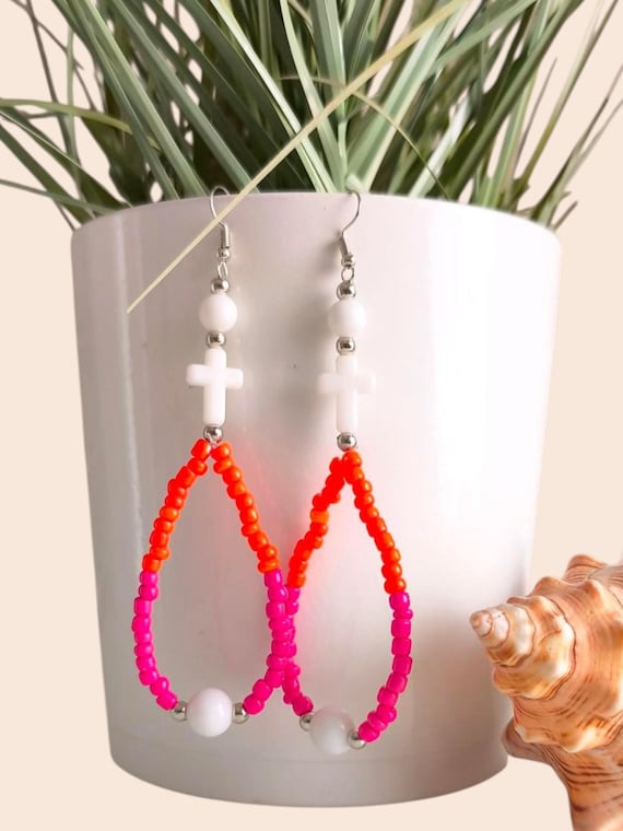 Ibiza Boho Earrings Pink/Orange/White with Cross Hand Made