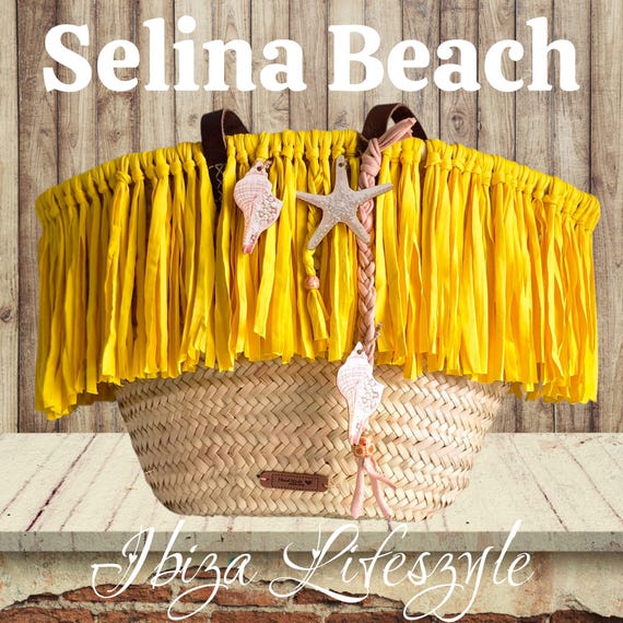 Ibiza basket bag Sunny beach bag with fringes in yellow, handmade, new