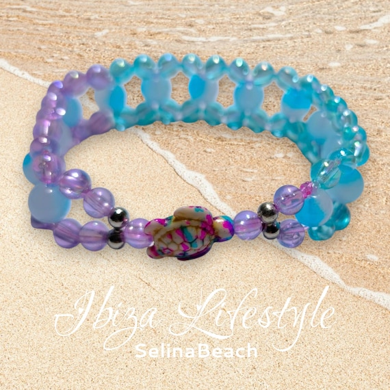 Ibiza Boho Beaded Bracelet Wide Turquoise Lilac Handmade