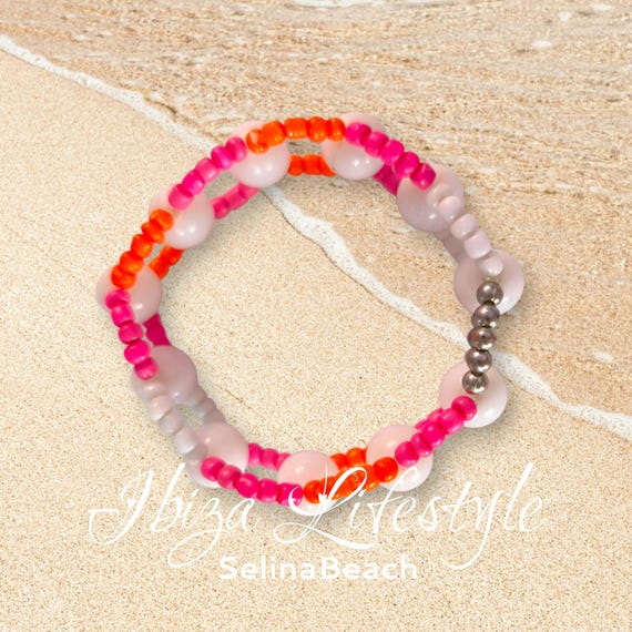 Summervibe Boho Beaded Bracelet Pink/Orange/White with Silver Handmade
