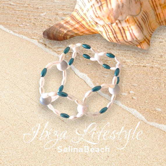 Boho Beaded Bracelet Wide Jeans Blue/White Handmade