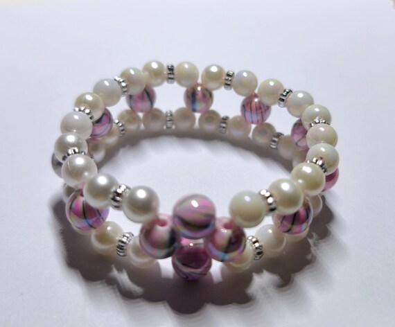 Boho Beaded Bracelet Wide Pink Marbled & White Handmade