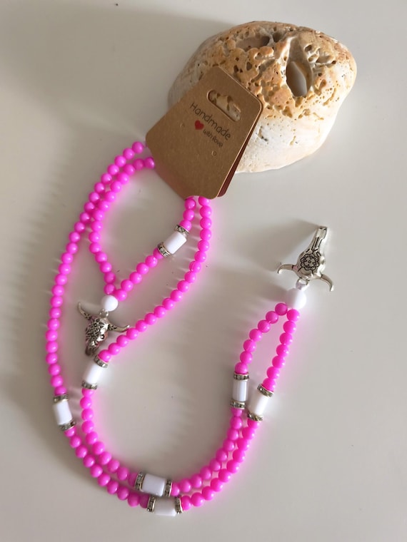 Boho necklace with bracelet, Ibiza style, pink with bull's head, handmade