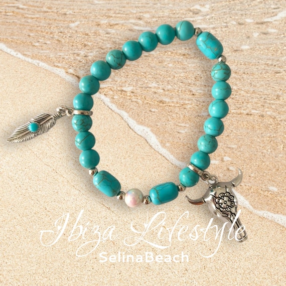 Boho Beaded Bracelet Turquoise with Bull's Head & Feather Silver Handmade