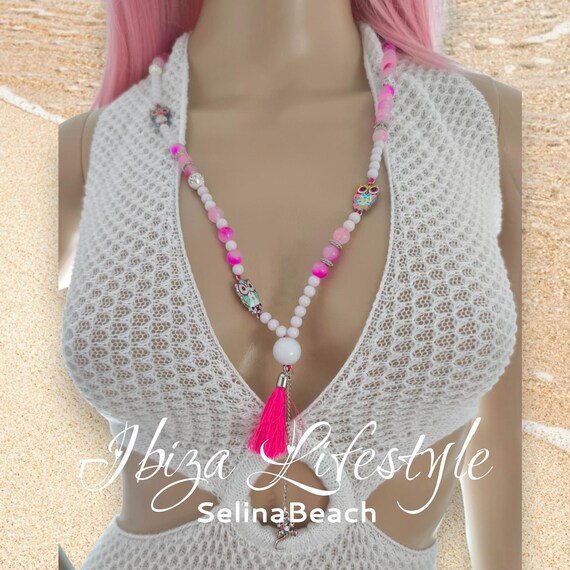Ibiza XXL Boho Hippie Festival Necklace in White/Pink with Owls, Pink Pom-poms & Gecko, Handmade