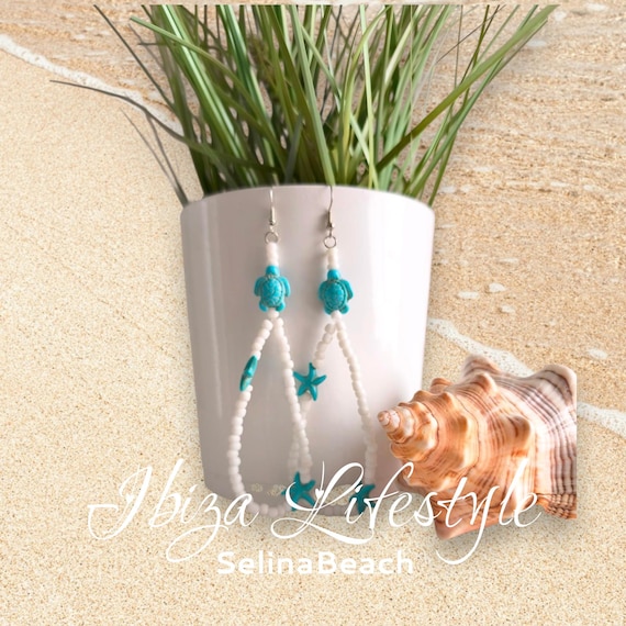 Boho earrings in Ibiza style, white/turquoise, handmade, new