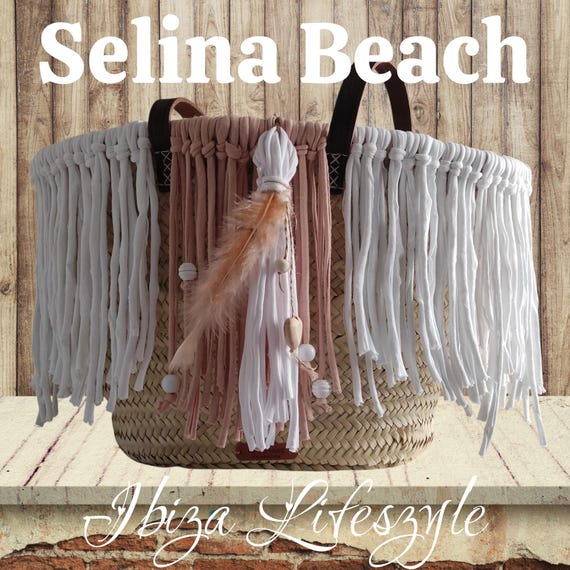 Ibiza Basket Bag Boho Hippie Beach Festival XXL Fringe Cappuccino/White