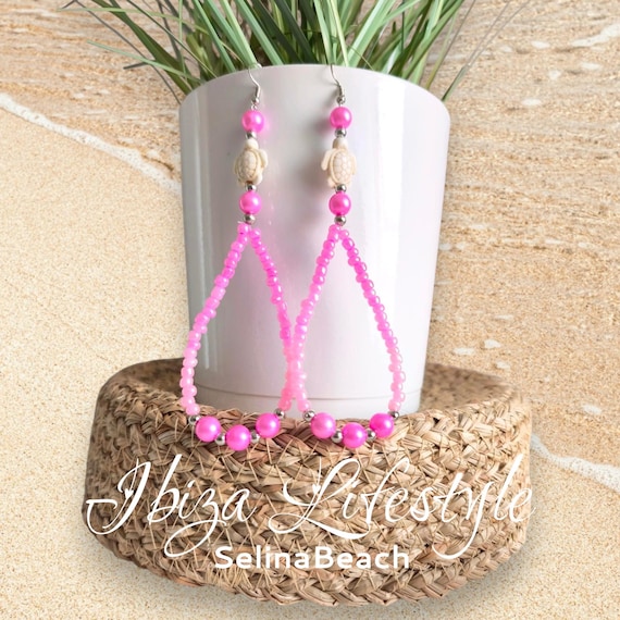 IBIZA Boho Earrings XXL Pink with Turtle Handmade New