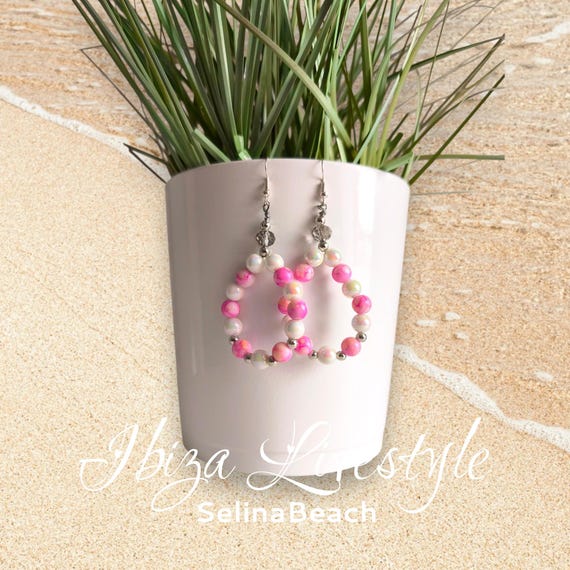 Ibiza Boho Pearl Earrings Pink/White Handmade New
