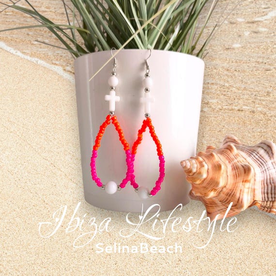 Ibiza Boho Earrings Pink/Orange/White with Cross Hand Made