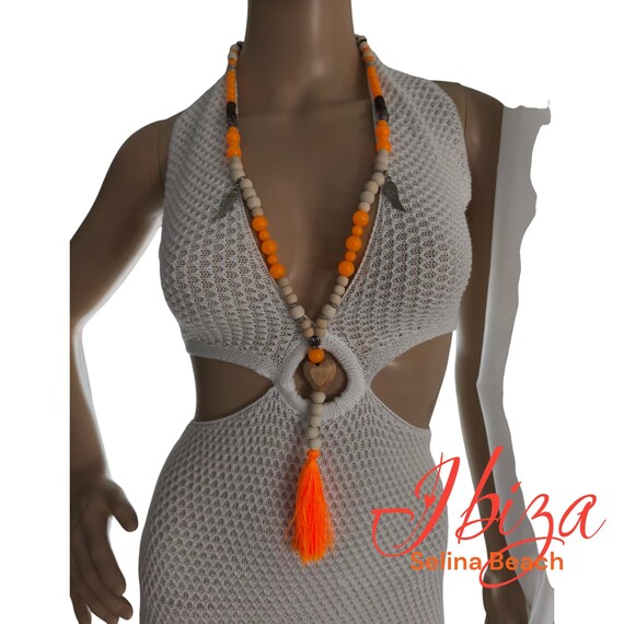 Ibiza Necklace XXL Boho Hippie Festival Wooden Beads Tassel Orange Handmade