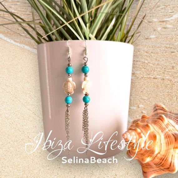 Boho earrings turquoise/silver with turtle, natural design, handmade