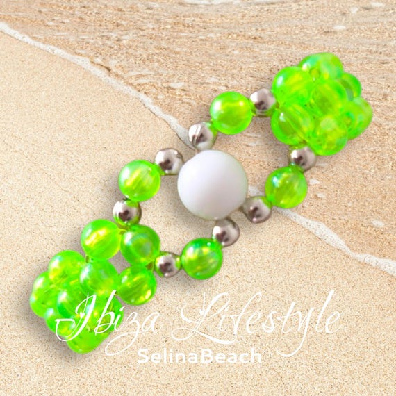 Boho Beaded Bracelet Neon Green White Silver Handmade