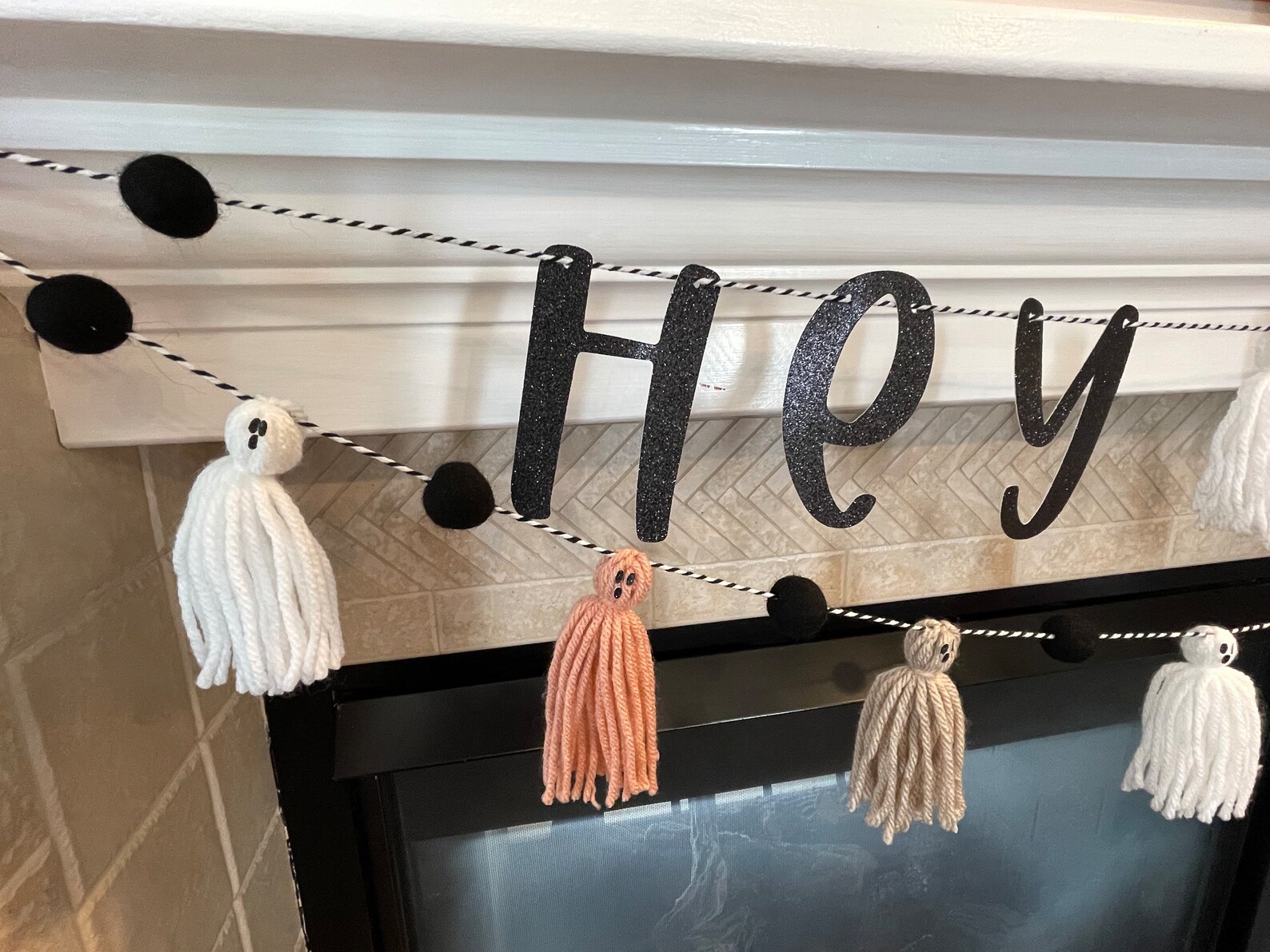 Hey Boo Garland With Yarn Ghost Halloween Garland Etsy