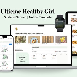 Op de afbeelding: Een laptopcomputer waarop een Notion-sjabloon wordt weergegeven voor een gezonde levensstijl-gids en -planner. De sjabloon bevat secties voor fitness, eten, fietsen, mindset en een kalender om trainingen bij te houden. De laptop staat naast een tabletcomputer waarop een lijst met lunchopties met afbeeldingen wordt weergegeven. Een smartwatch is ook zichtbaar op de afbeelding.