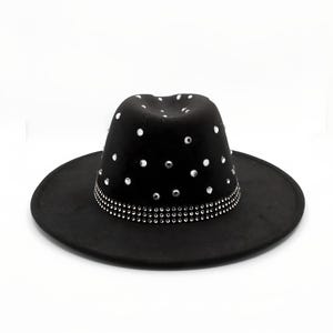 Black Felt Wide Brim Hat with Rhinestone