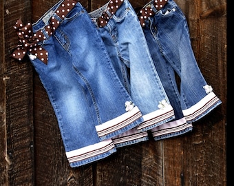 Girls Embellished Denim Jeans with Polka Dots & Flowers