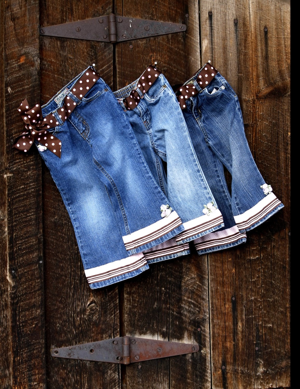 Girls Denim Jeans with Polka Dots & Flowers