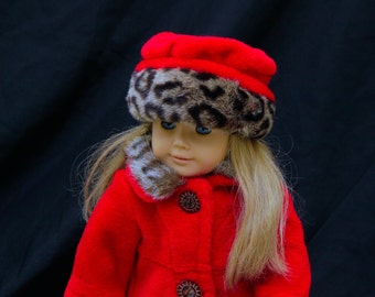 Girl Doll American Designer Clothes Coat and Hat Set for 18" Doll Fits 18" Doll Clothes Handmade, Red Doll Coat, Faux Fur Dolls, Faux Fur