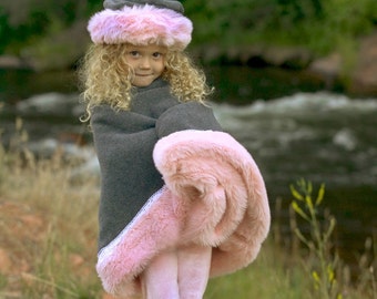 Pink Girls Poncho Faux Fur, Grey Polar Fleece, Pink Faux Fur Trim, Fur Trim Poncho, Faux Fur Coat, Pink Fur Coat, Kid Faux Fur,