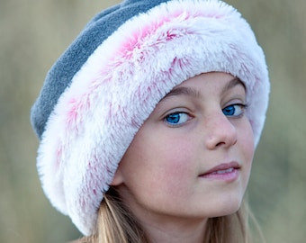 Girls Hat  Polar Fleece Grey with Pink Faux Fur Trim