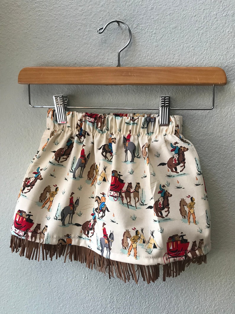 Little Girls Skirt Beige Cowboy Print with Fringe Cowboys and Etsy