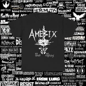 Puede incluir: Camiseta negra con el nombre de la banda "Amebix" en blanco, un gráfico de una cara y las palabras "No Gods No Masters". La camiseta está rodeada de varios logotipos y textos de bandas.