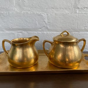 Vintage Pickard China Solid Gold Flower Patterned Sugar Bowl, Creamer, and Tray