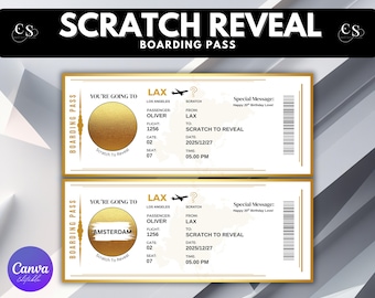 Surprise Holiday Ticket, Scratch Reveal Boarding Pass (Canva Editable)