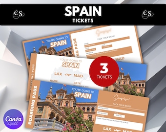 Editable Spain Surprise Trip Ticket: Printable Boarding Pass (Canva Editable)