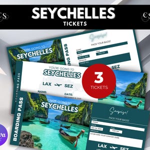 Editable Seychelles Surprise Trip Ticket: Printable Vacation Boarding Pass (Canva Template Digital Download