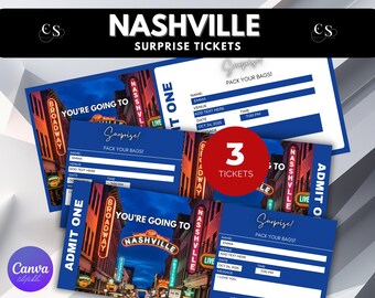 Bewerkbaar ticket verrassingsreis Nashville: afdrukbaar vakantiebericht (canvasjabloon)