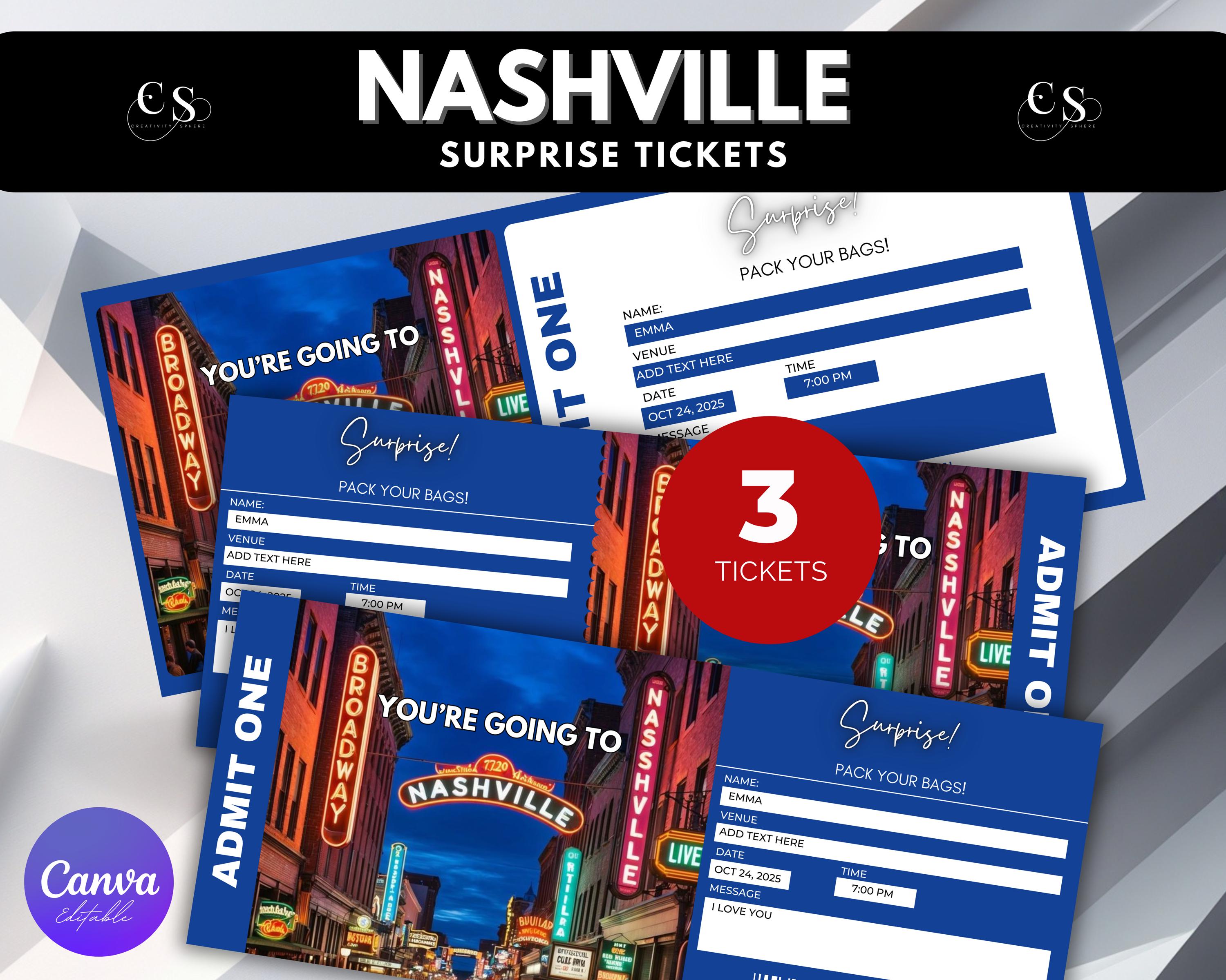 Editable Nashville Surprise Trip Ticket: Printable Vacation Reveal