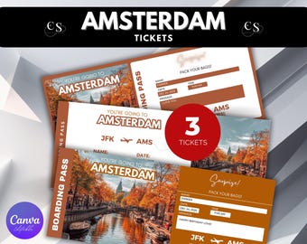 Viaje sorpresa a Ámsterdam: Tarjeta de embarque imprimible para Holanda (descarga digital editable en Canva)