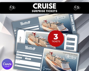 May include: Gray cruise surprise tickets with a cruise ship graphic. The tickets have the text "CRUISE SURPRISE TICKETS" and "YOU'RE GOING ON A CRUISE". The tickets are editable with Canva.