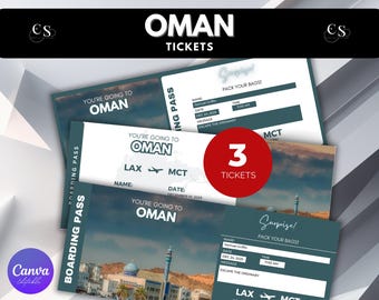 Editable Oman Surprise Trip Ticket: Printable Boarding Pass (Canva Editable)