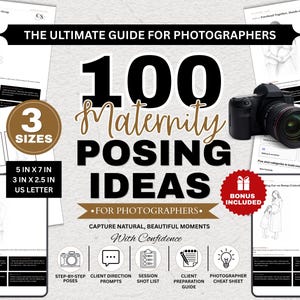 Puede incluir: Una guía digital titulada 100 Maternity Posing Ideas for Photographers, con ilustraciones de líneas en blanco y negro de poses de embarazo, una cámara réflex digital negra y texto que indica tres tamaños: 12,7 cm x 17,8 cm, 7,6 cm x 6,4 cm y A4.