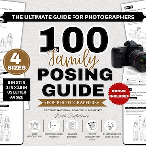 Op de afbeelding: Een fotografiehandleiding getiteld 100 Family Posing Guide for Photographers, met zwarte tekst op een witte achtergrond, een zwarte camera en iconen voor posebeschrijvingen, prompts, shotlijsten en spiekbriefjes in 12,7 cm x 17,8 cm, 7,6 cm x 6,4 cm, US Letter en A4-formaat.