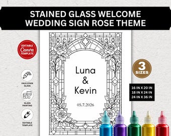 Stained Glass Wedding Welcome Sign Template, Rose Theme