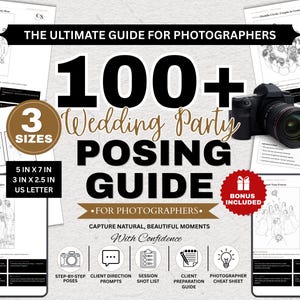 Peut inclure: Un guide numérique intitulé 100+ Wedding Party Posing Guide for Photographers, avec un appareil photo noir, des illustrations au trait de poses de mariage et du texte indiquant 3 tailles : 12,7 cm x 17,8 cm, 7,6 cm x 6,4 cm et A4, avec des icônes.