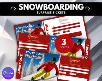 May include: A collection of red and white snowboarding surprise tickets. The tickets feature a skier in a red jacket and yellow pants, with the text "You're Going Snowboarding" and "Surprise! Pack Your Bags!"