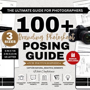 May include: A digital guide titled The Ultimate Guide for Photographers 100+ Branding Photoshoot Posing Guide for Photographers. It includes 3 sizes: 12.7 cm x 17.8 cm, 7.6 cm x 6.4 cm, and US Letter. Features a black camera, line art illustrations, and icons.