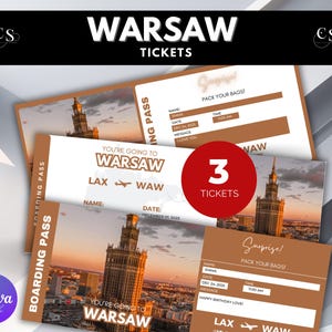 Editable Warsaw Surprise Trip Ticket, Warsaw Printable Boarding Pass, Warsaw voucher, Printable Vacation Ticket, Vacation Gift