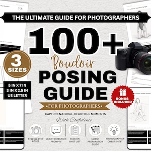 Puede incluir: Una guía de poses boudoir titulada 100+ Boudoir Posing Guide for Photographers. Incluye poses paso a paso, sugerencias de dirección, una lista de tomas y una hoja de trucos. Disponible en tamaños de 12,7 cm x 17,8 cm, 7,6 cm x 6,4 cm y A4.