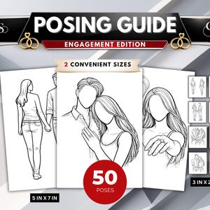 Può includere: Una guida alle pose per servizi fotografici di fidanzamento, con illustrazioni di coppie in varie pose. La guida include 50 pose ed è disponibile in due dimensioni: 12,7 x 17,8 cm e 7,6 x 6,4 cm. Il titolo "POSING GUIDE" è in alto.